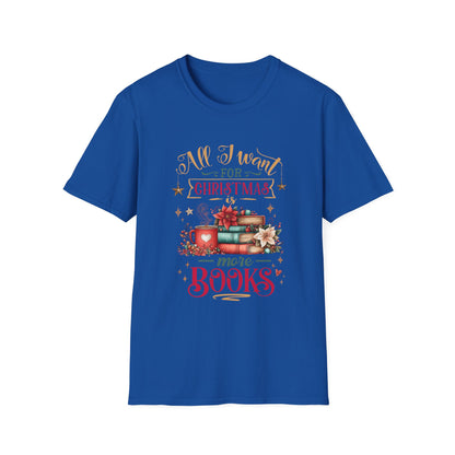 Christmas Book Lover T-Shirt in blue with festive book design and text saying 'All I want for Christmas is more books'.