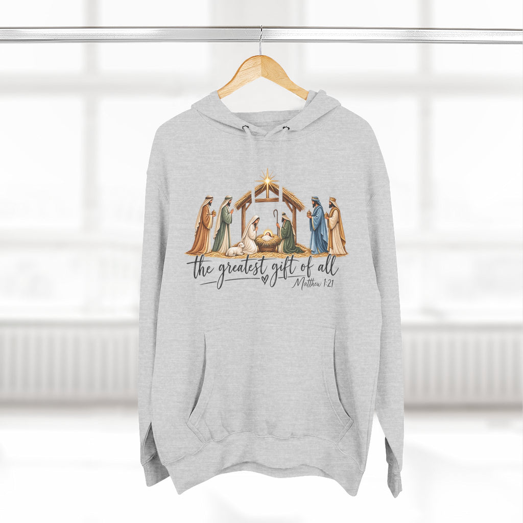 Nativity Hoodie - "The Greatest Gift of All" Fleece Christmas Sweatshirt