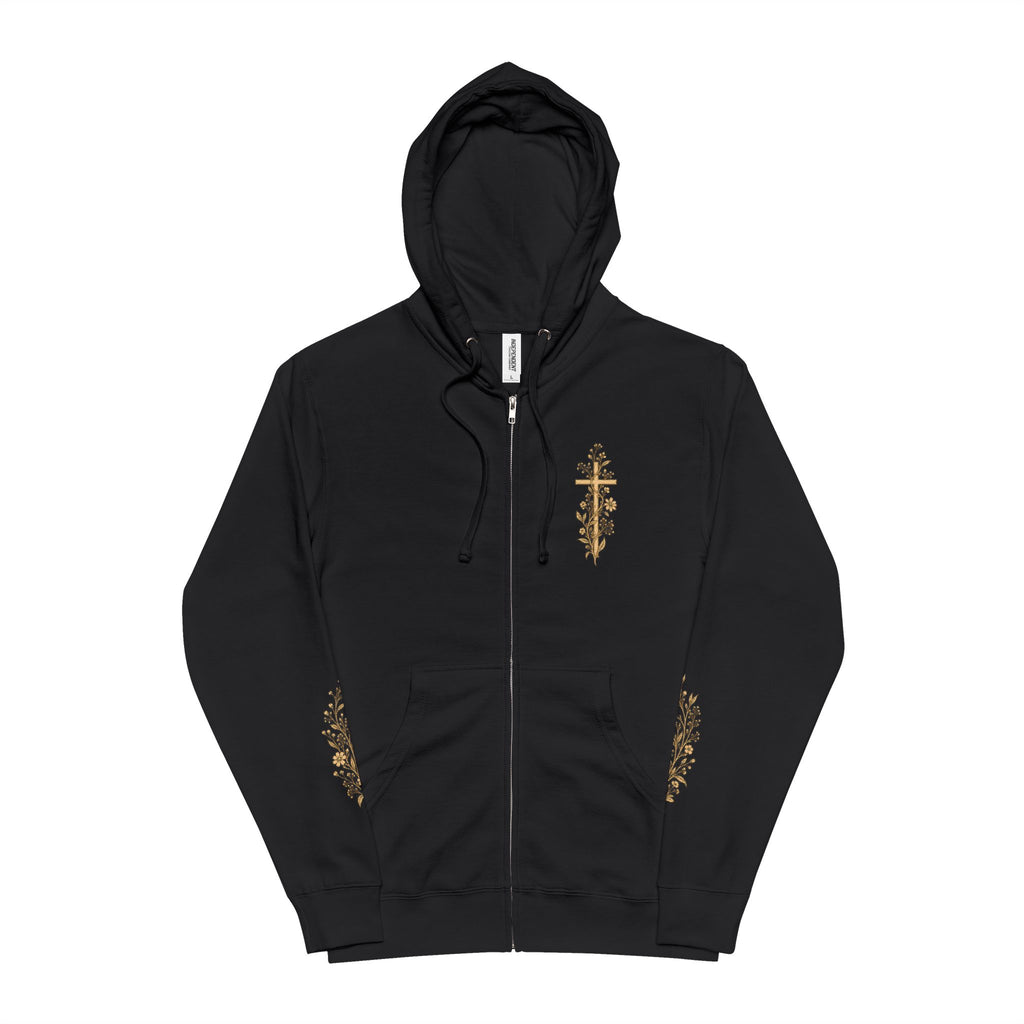 Gold Cross Zip-Up Hoodie — Christian Faith Fleece Jacket