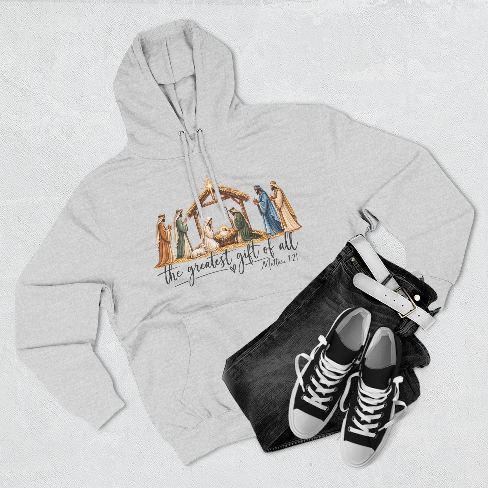 Nativity Hoodie - "The Greatest Gift of All" Fleece Christmas Sweatshirt