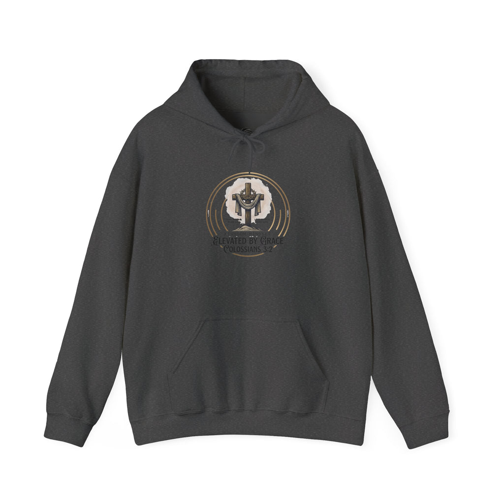 Christian Hoodie – “Elevated by Grace” Cross Sweatshirt (Colossians 3:2)