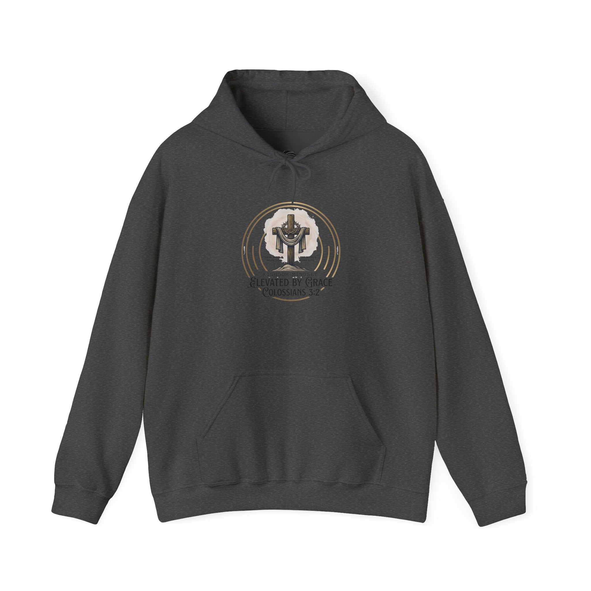 Christian Hoodie – “Elevated by Grace” Cross Sweatshirt (Colossians 3:2)