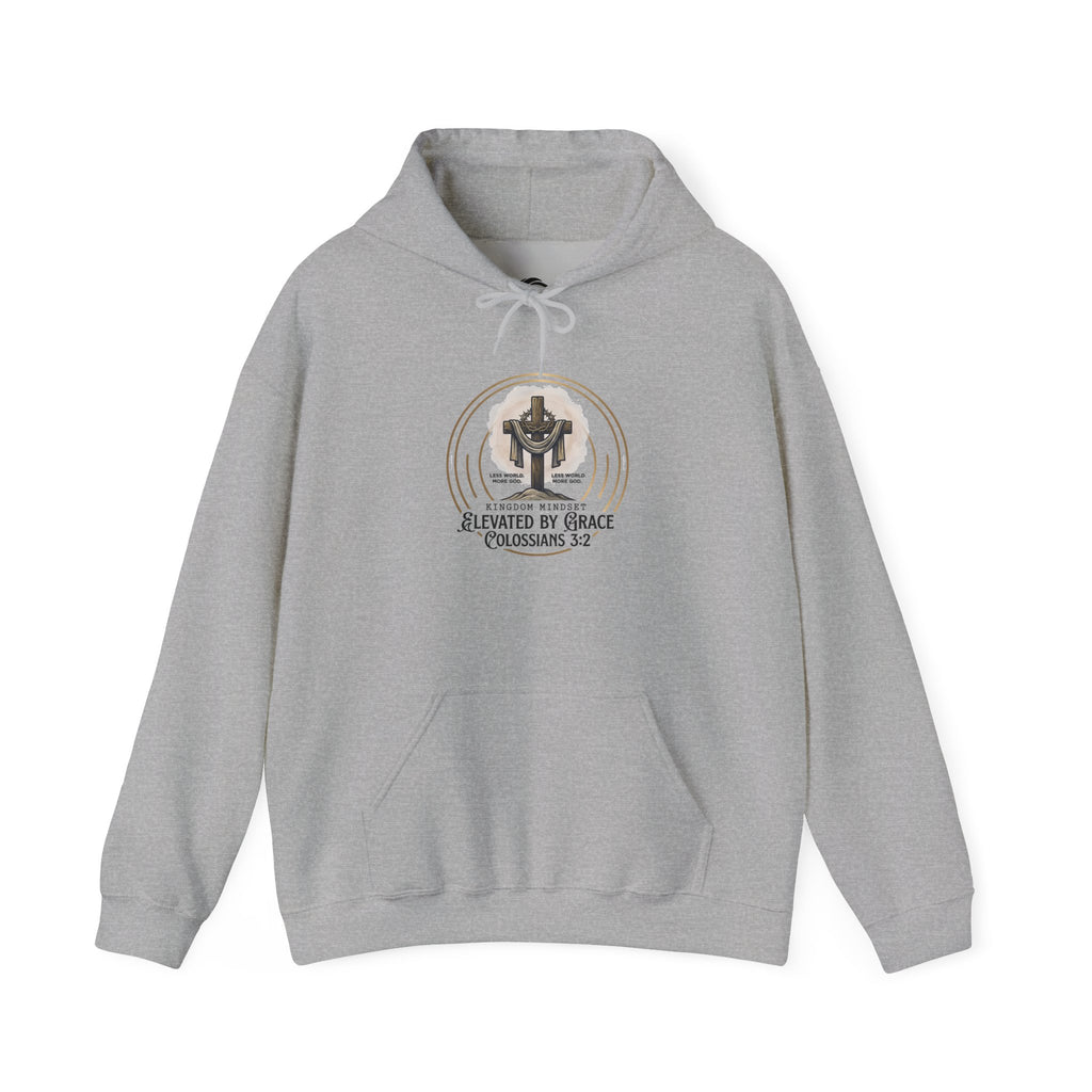 Christian Hoodie – “Elevated by Grace” Cross Sweatshirt (Colossians 3:2)