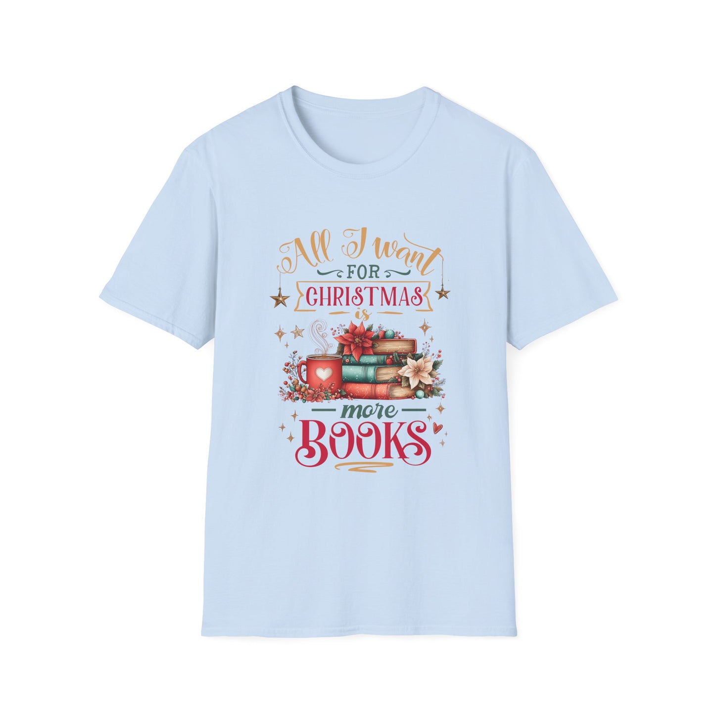 Christmas Book Lover T-Shirt featuring festive design and cozy reading theme.