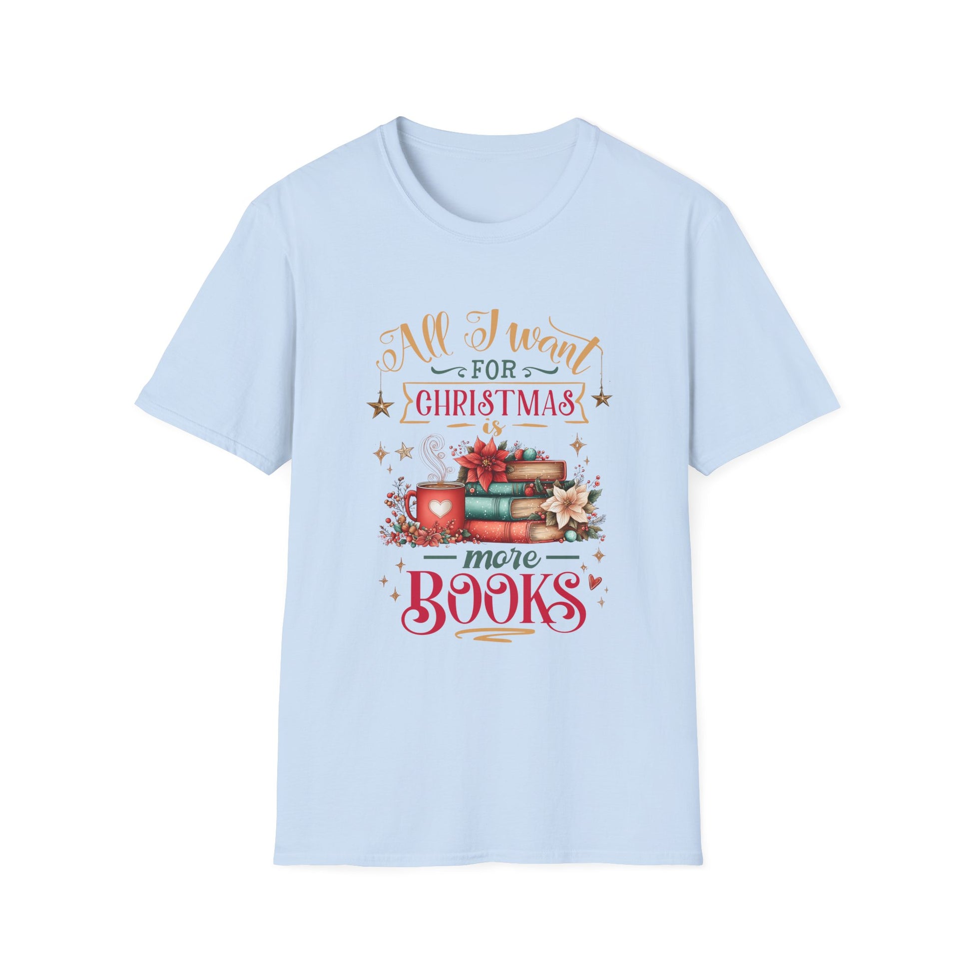 Christmas Book Lover T-Shirt featuring festive design and cozy reading theme.