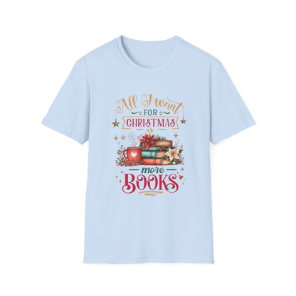Christmas Book Lover T-Shirt featuring festive design and cozy reading theme.