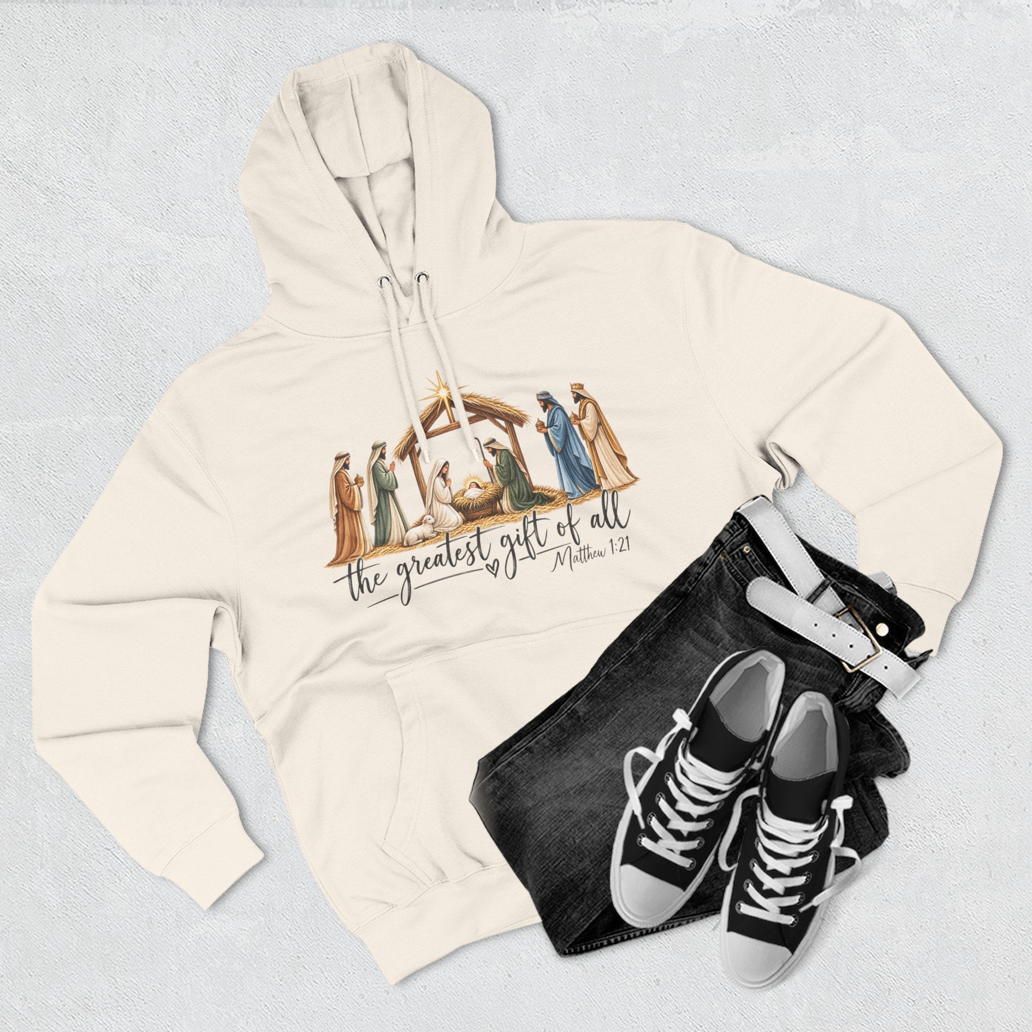 Nativity Hoodie - "The Greatest Gift of All" Fleece Christmas Sweatshirt
