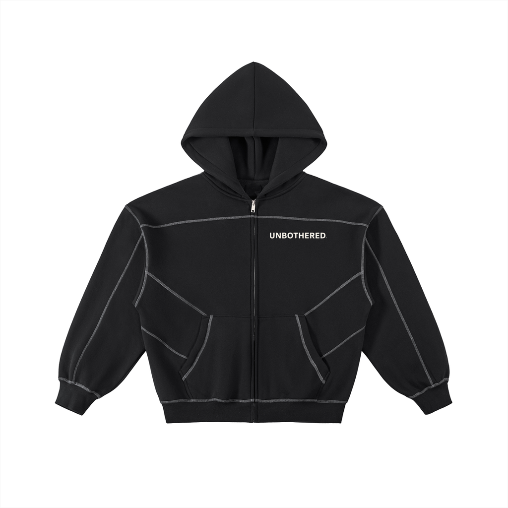 Contrast-Stitched Boxy Fleece Zip Hoodie