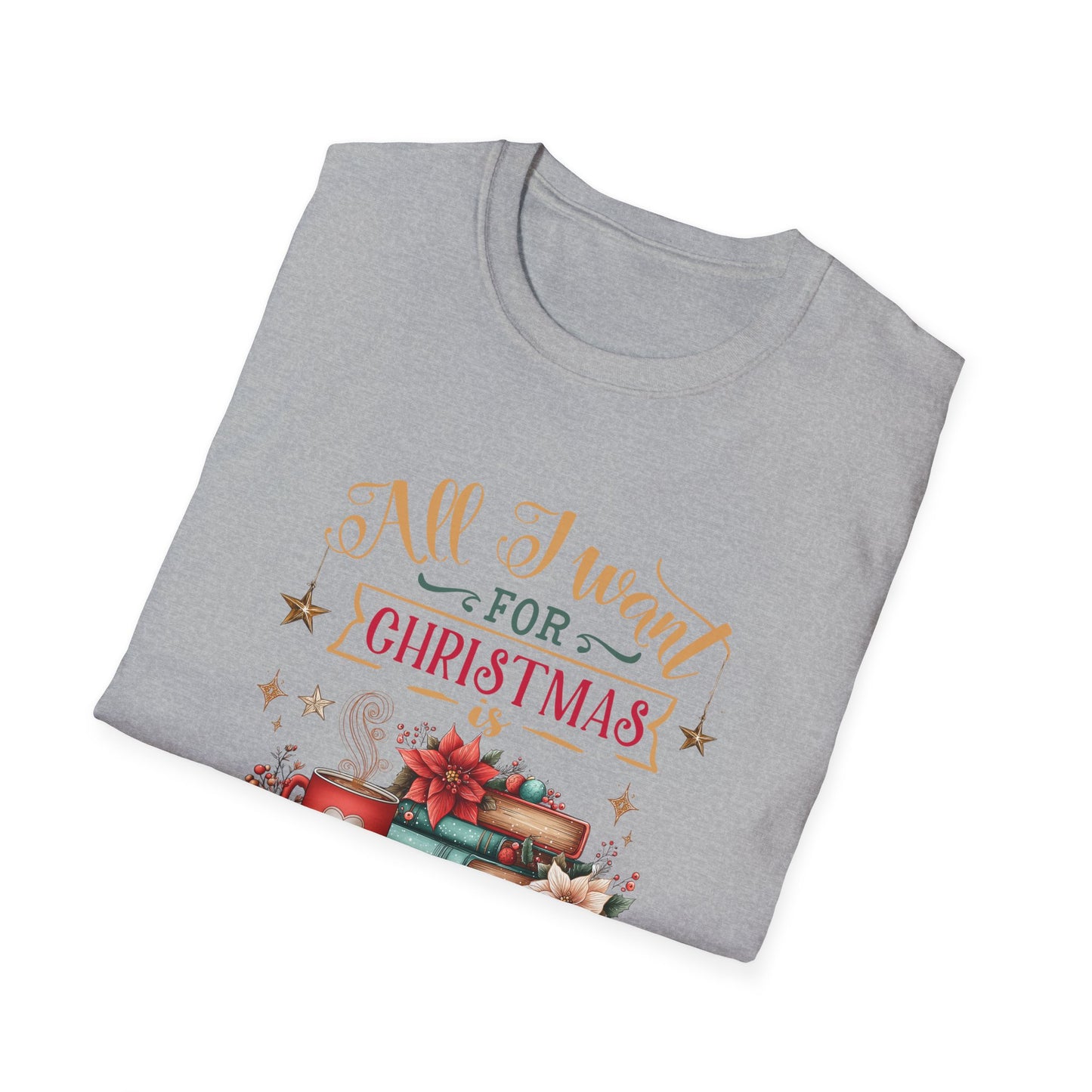 Christmas Book Lover T-Shirt featuring festive design with books and holiday themes.