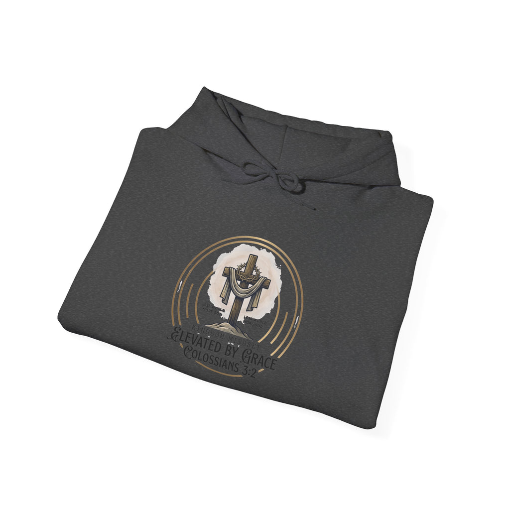 Christian Hoodie – “Elevated by Grace” Cross Sweatshirt (Colossians 3:2)