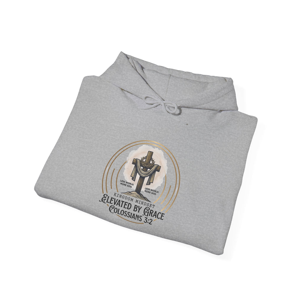 Christian Hoodie – “Elevated by Grace” Cross Sweatshirt (Colossians 3:2)