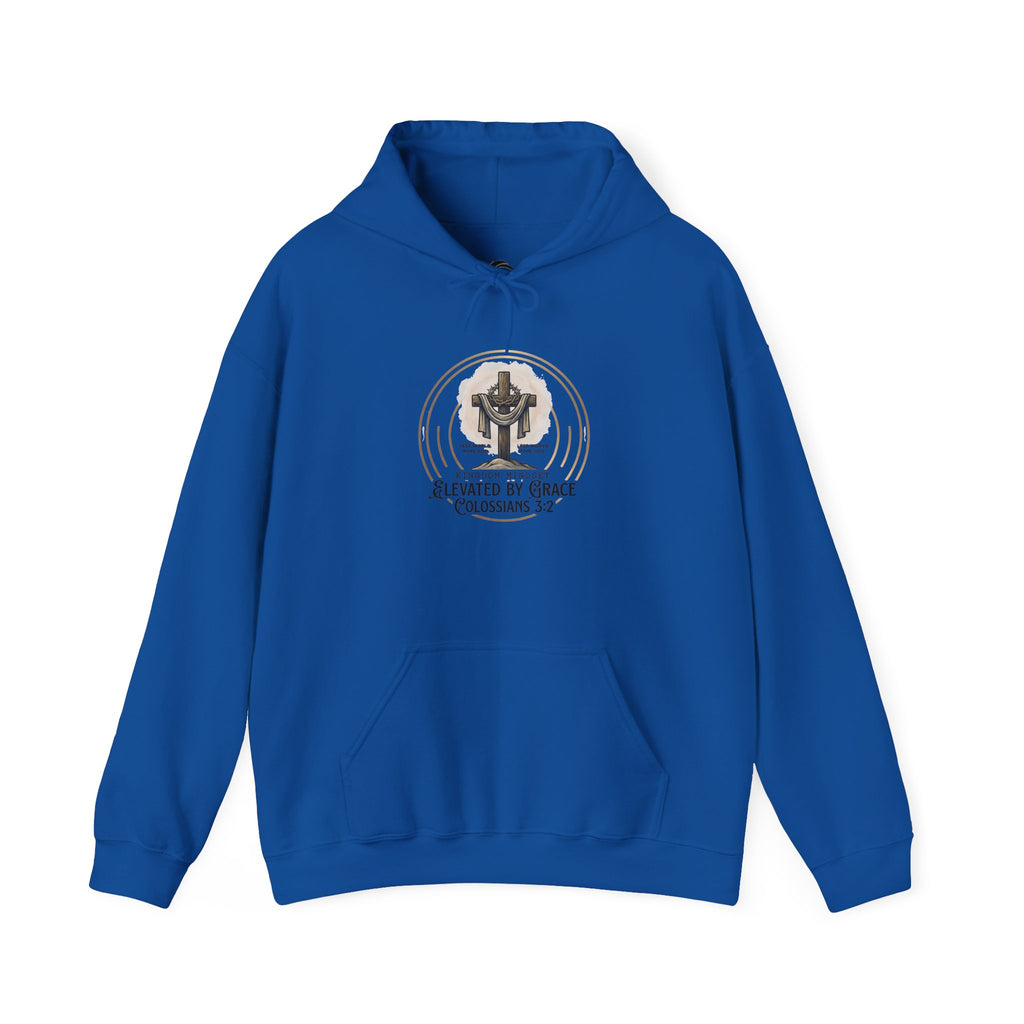 Christian Hoodie – “Elevated by Grace” Cross Sweatshirt (Colossians 3:2)
