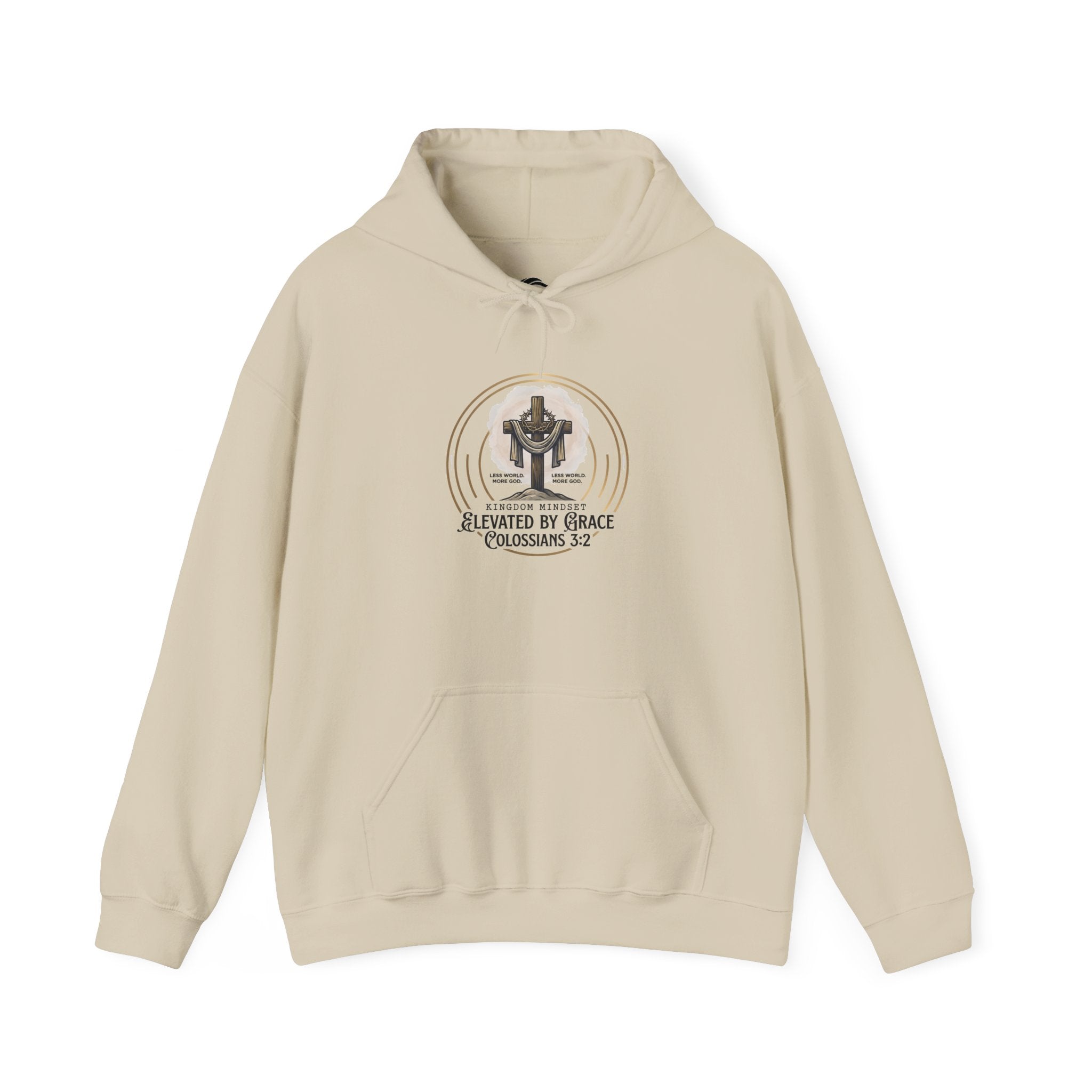 Christian Hoodie – “Elevated by Grace” Cross Sweatshirt (Colossians 3:2)