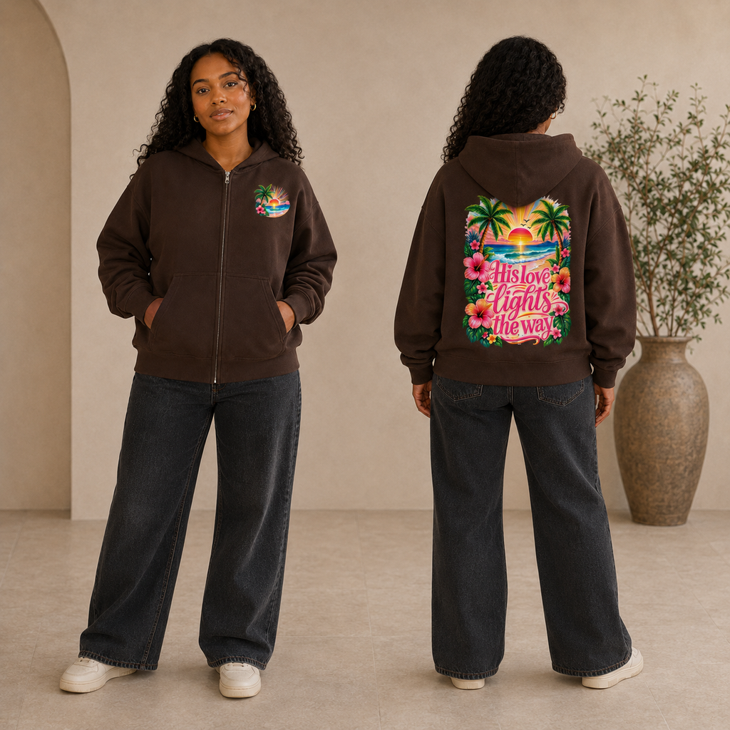 His Love Lights the Way Tropical Sunset Oversized Zip Hoodie