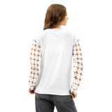Back view of the white Ascension crewneck showing a plain back and cross-patterned sleeves