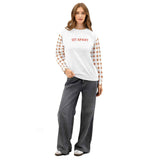 Front view of the white Ascension Christian crewneck with SET APART lettering and cross-patterned sleeves