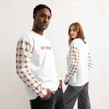 Two models wearing the white Ascension crewneck with SET APART lettering and cross-patterned sleeves
