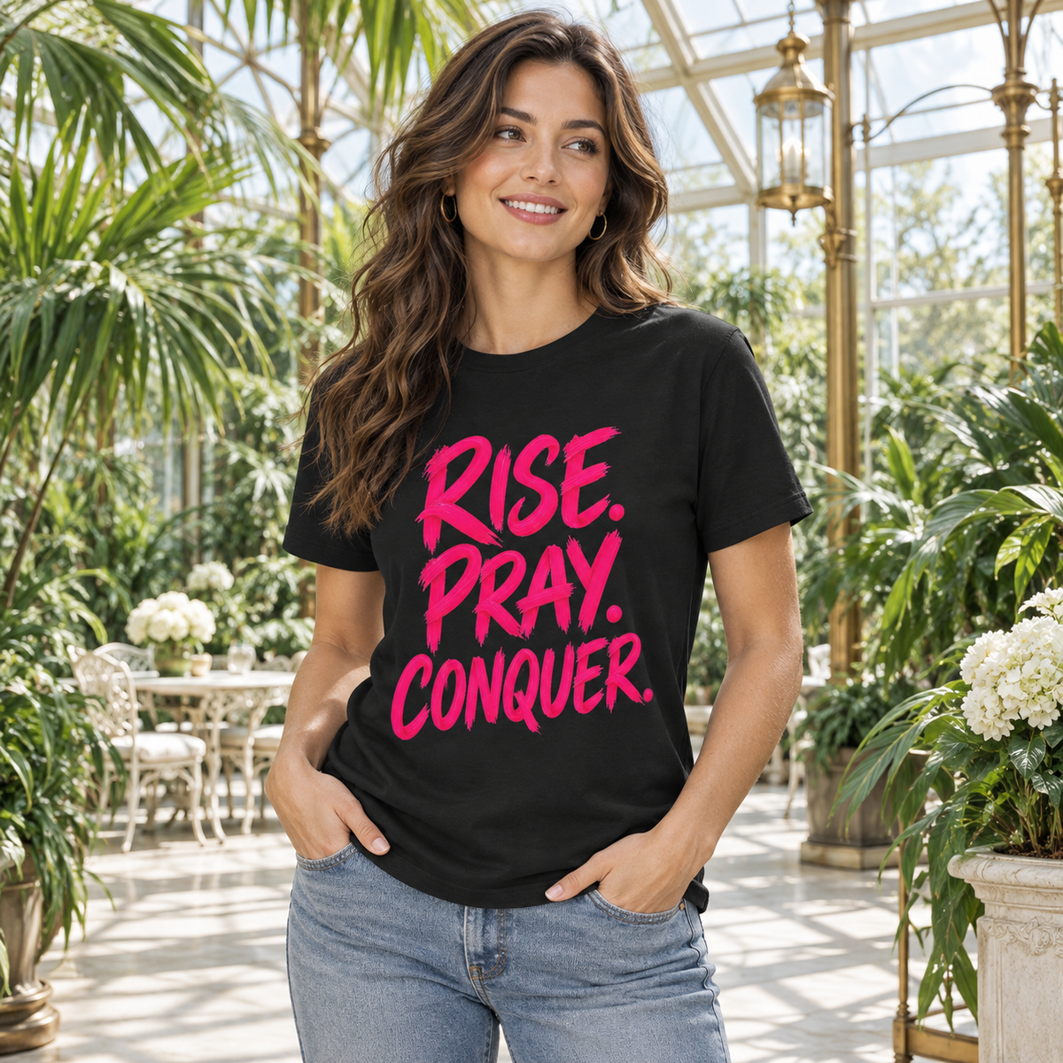 Rise. Pray. Conquer. T-Shirt — Inspirational Faith Graphic Tee