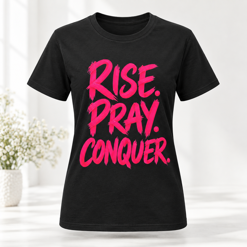 Rise. Pray. Conquer. T-Shirt — Inspirational Faith Graphic Tee