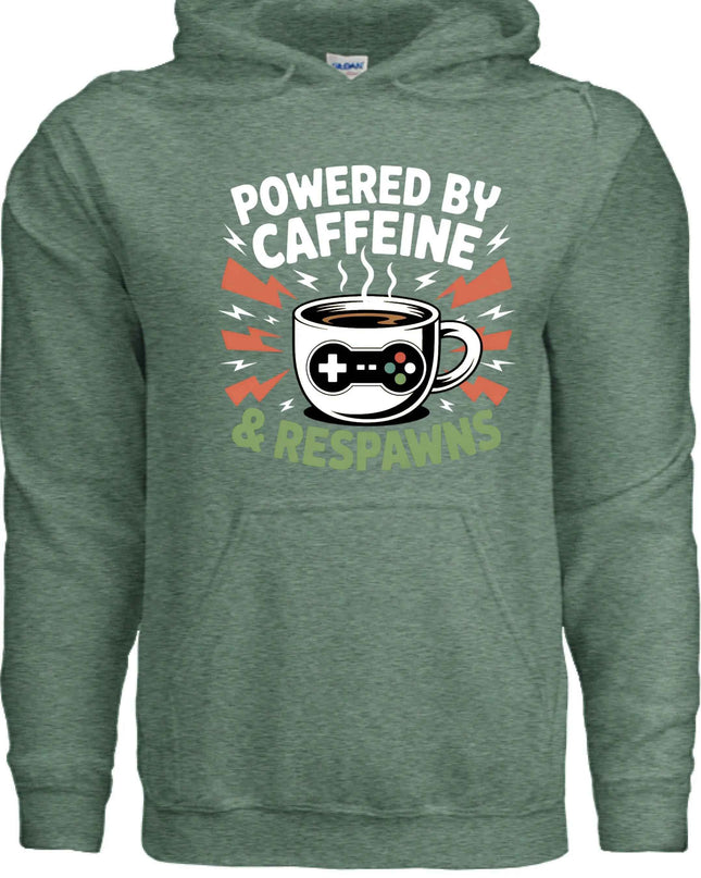 Powered by Caffeine & Respawns Sweatshirt – Funny Gamer Graphic Sweater