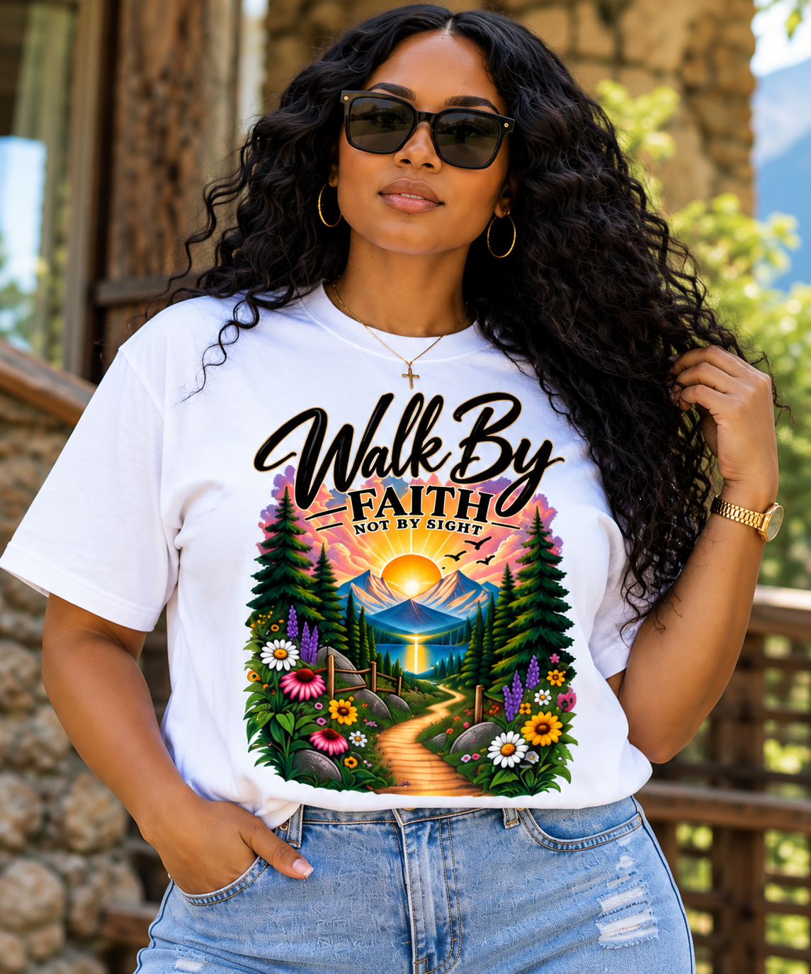 Woman facing camera wearing Walk by Faith Christian T-shirt