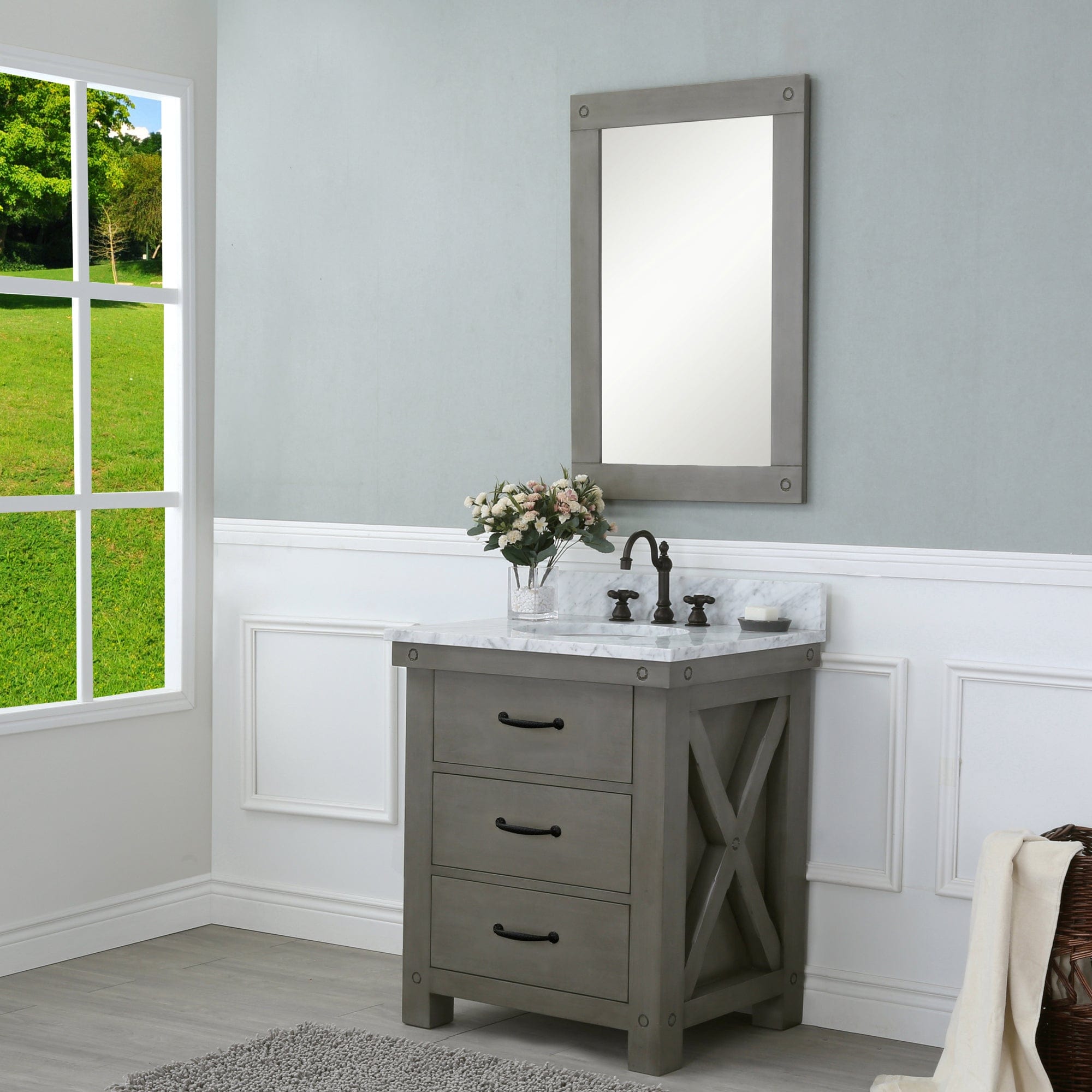 30 Inch Grizzle Grey Single Sink Bathroom Vanity With Mirror And Faucet With Carrara White Marble Counter Top From The ABERDEEN Collection - Molaix00732030749665Bathroom VanitiesAB30CW03GG-A24BX1203