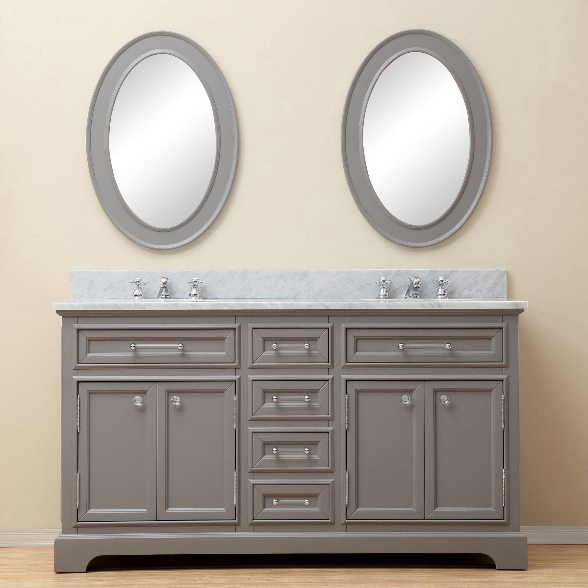 60 Inch Cashmere Grey Double Sink Bathroom Vanity With Matching Framed Mirrors And Faucets From The Derby Collection - Molaix700621683100Bathroom VanitiesDE60CW01CG-O21BX0901