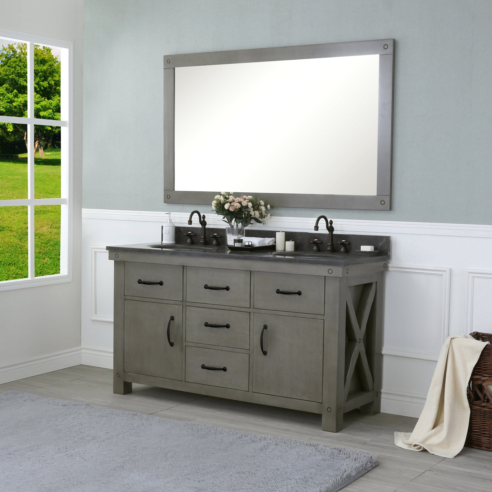 60 Inch Grizzle Grey Double Sink Bathroom Vanity With Mirror And Faucets With Blue Limestone Counter Top From The ABERDEEN Collection - Molaix732030749702Bathroom VanitiesAB60BL03GG-A60BX1203
