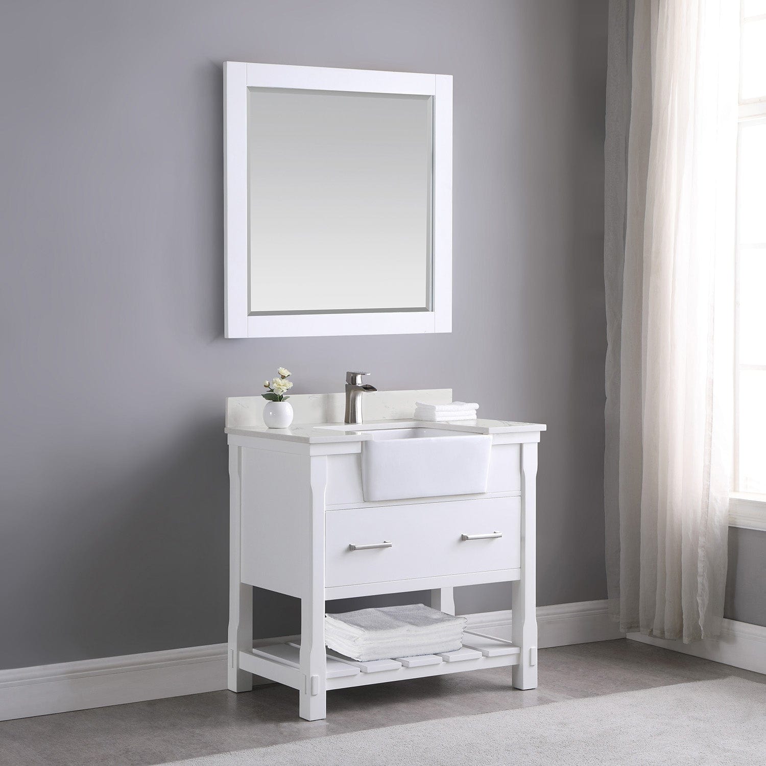 Altair Georgia 36" Single Bathroom Vanity Set in White and Composite Carrara White Stone Top with White Farmhouse Basin with Mirror 537036-WH-AW - Molaix631112970570Vanity537036-WH-AW