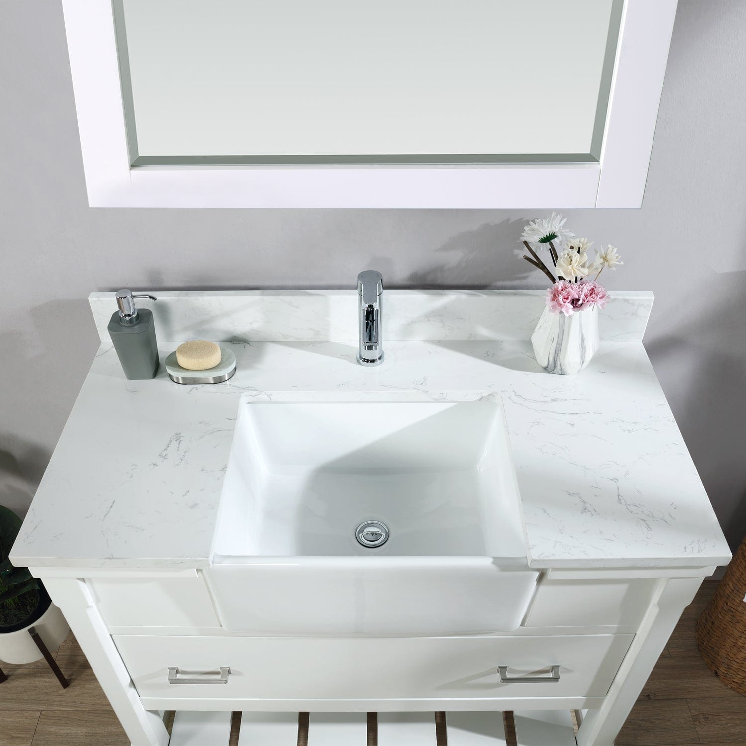 Altair Georgia 42" Single Bathroom Vanity Set in White and Composite Carrara White Stone Top with White Farmhouse Basin with Mirror 537042-WH-AW - Molaix696952511314Vanity537042-WH-AW