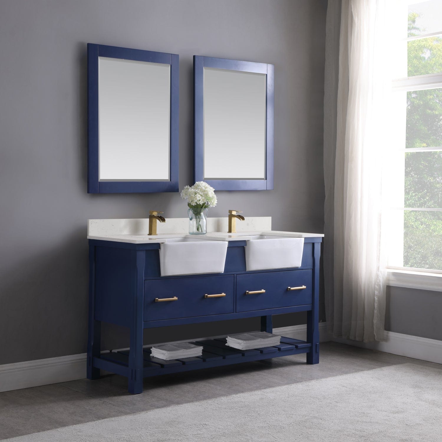 Altair Georgia 60" Double Bathroom Vanity Set in Jewelry Blue and Composite Carrara White Stone Top with White Farmhouse Basin with Mirror 537060-JB-AW - Molaix631112970631Vanity537060-JB-AW