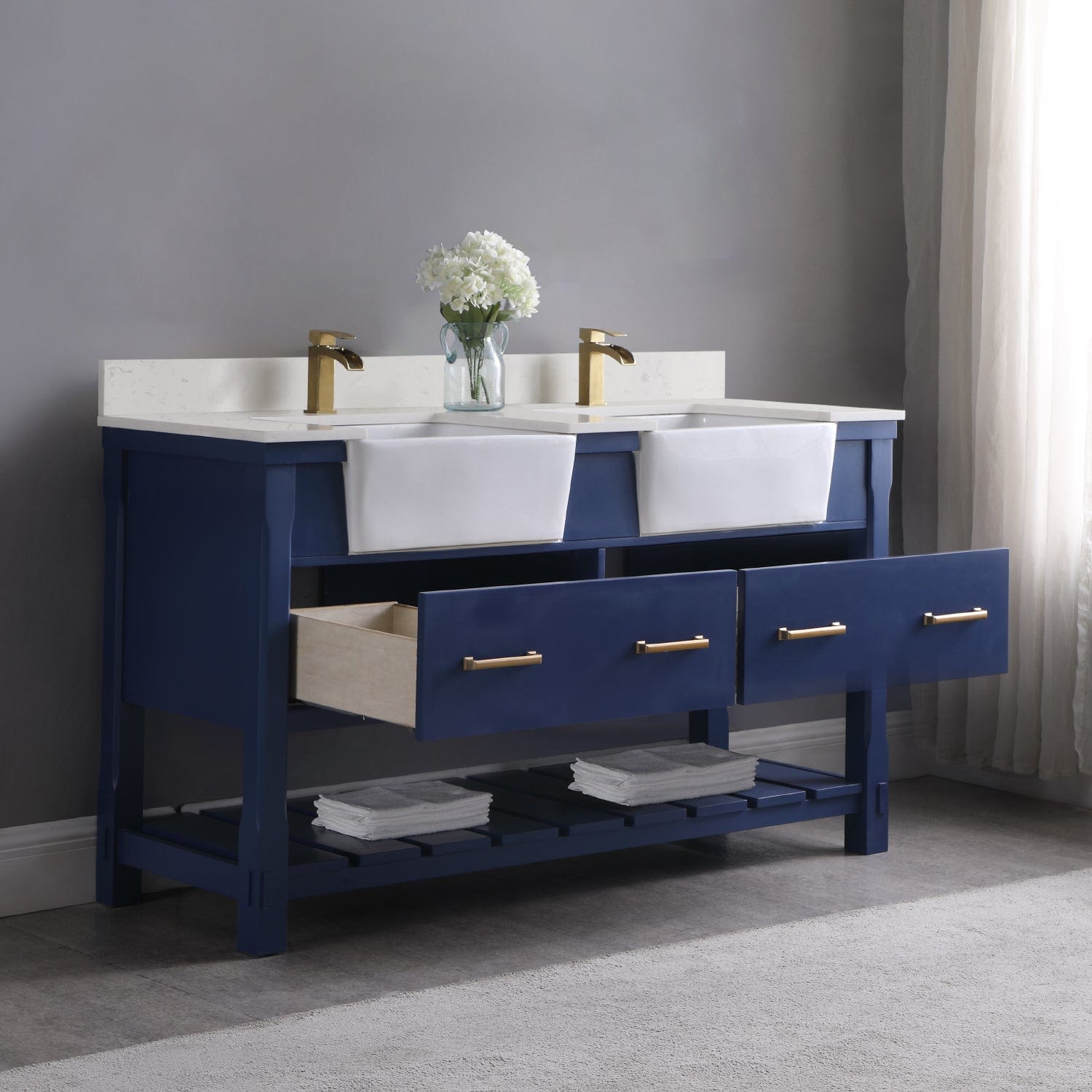 Altair Georgia 60" Double Bathroom Vanity Set in Jewelry Blue and Composite Carrara White Stone Top with White Farmhouse Basin without Mirror 537060-JB-AW-NM - Molaix631112970648Vanity537060-JB-AW-NM