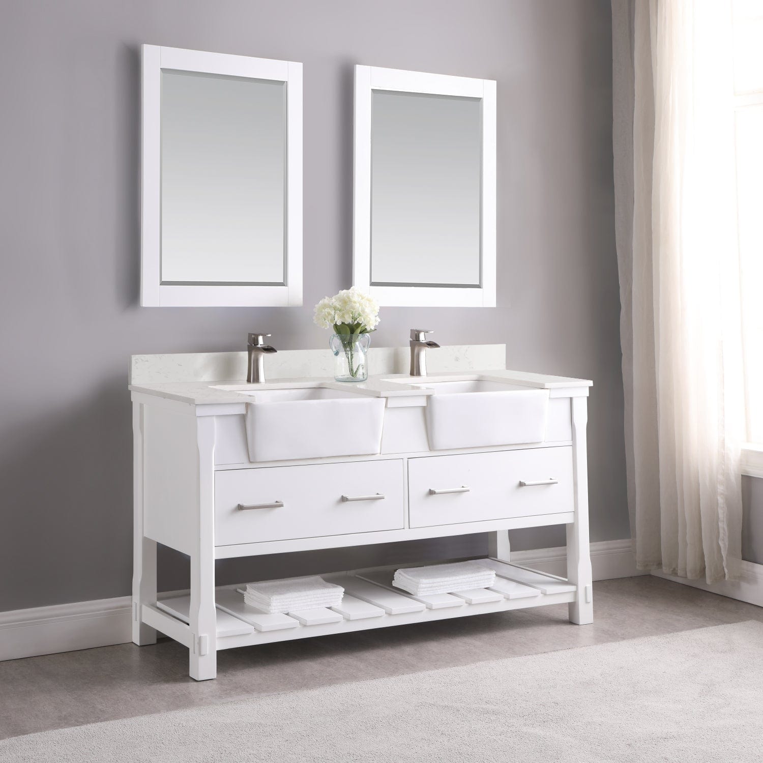 Altair Georgia 60" Double Bathroom Vanity Set in White and Composite Carrara White Stone Top with White Farmhouse Basin with Mirror 537060-WH-AW - Molaix631112970655Vanity537060-WH-AW