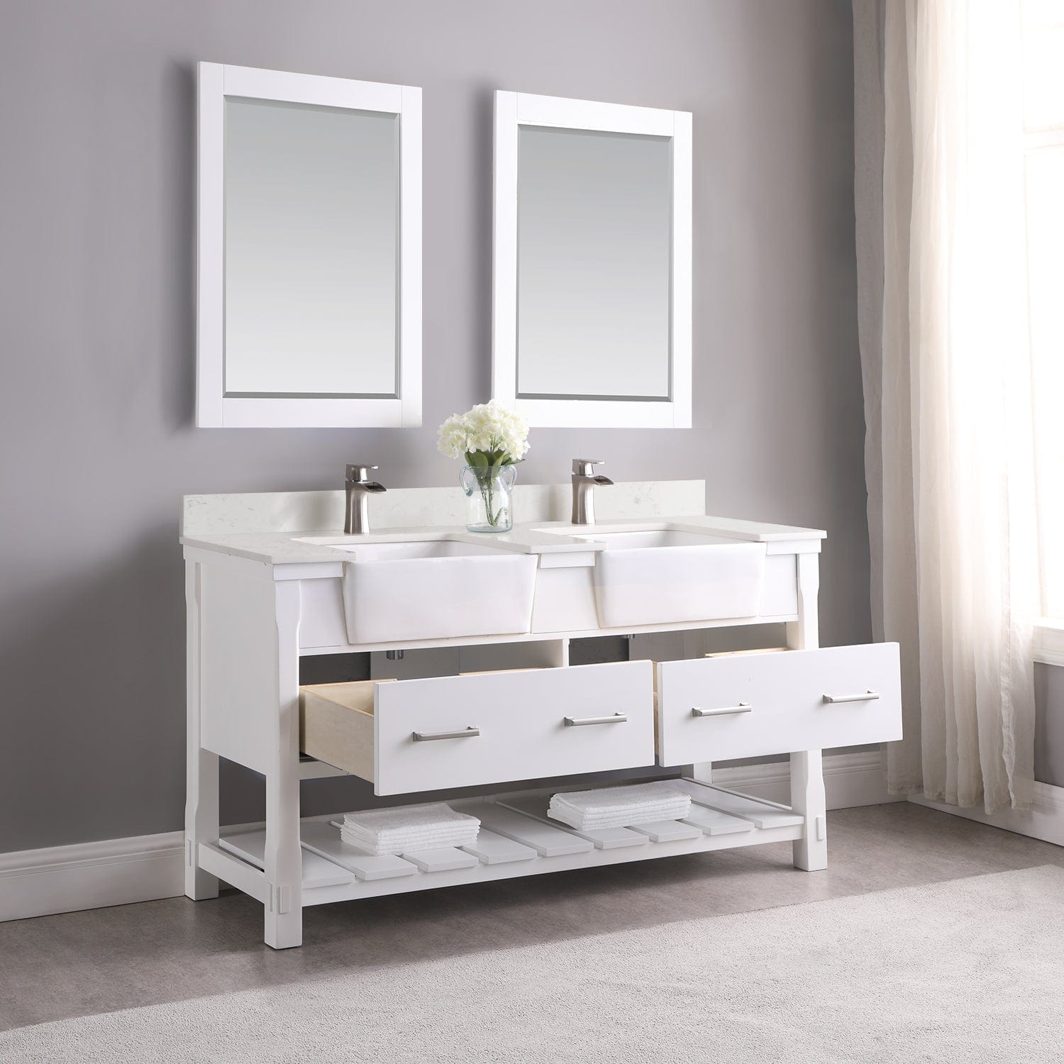 Altair Georgia 60" Double Bathroom Vanity Set in White and Composite Carrara White Stone Top with White Farmhouse Basin with Mirror 537060-WH-AW - Molaix631112970655Vanity537060-WH-AW