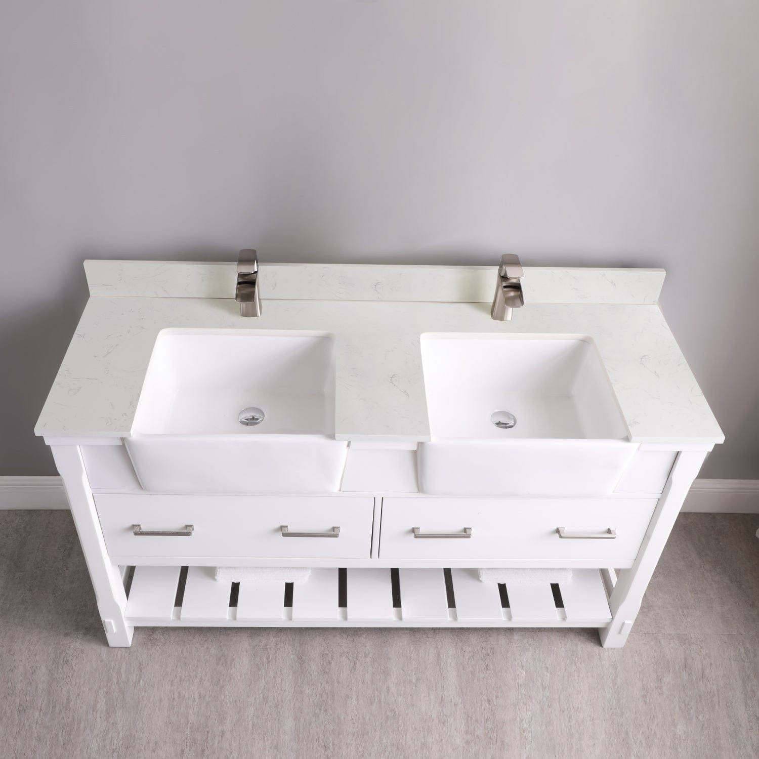 Altair Georgia 60" Double Bathroom Vanity Set in White and Composite Carrara White Stone Top with White Farmhouse Basin without Mirror 537060-WH-AW-NM - Molaix631112970662Vanity537060-WH-AW-NM