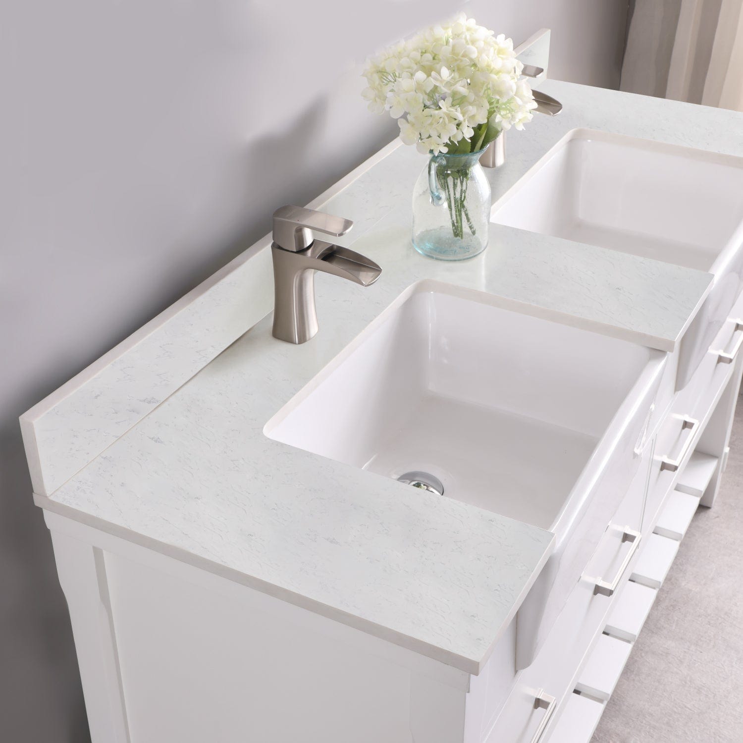 Altair Georgia 60" Double Bathroom Vanity Set in White and Composite Carrara White Stone Top with White Farmhouse Basin without Mirror 537060-WH-AW-NM - Molaix631112970662Vanity537060-WH-AW-NM
