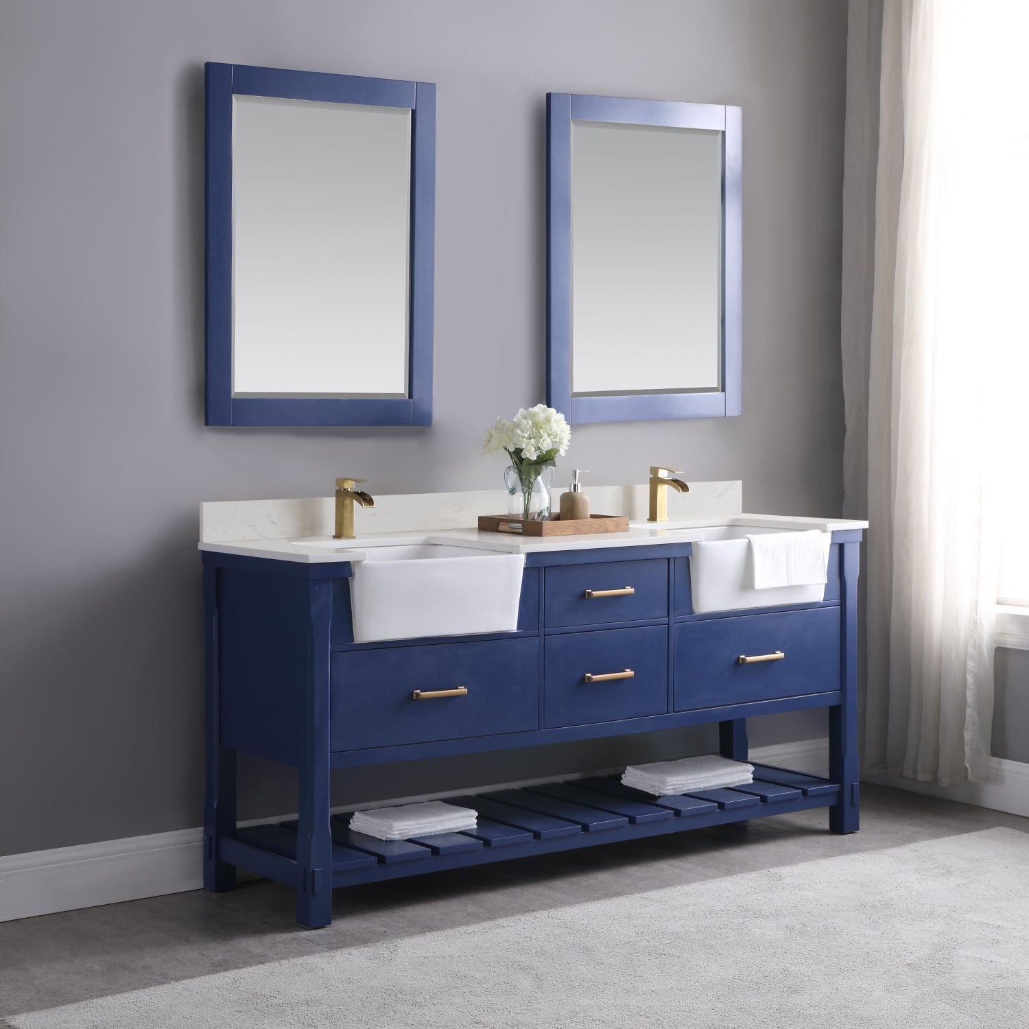 Altair Georgia 72" Double Bathroom Vanity Set in Jewelry Blue and Composite Carrara White Stone Top with White Farmhouse Basin with Mirror 537072-JB-AW - Molaix631112970679Vanity537072-JB-AW