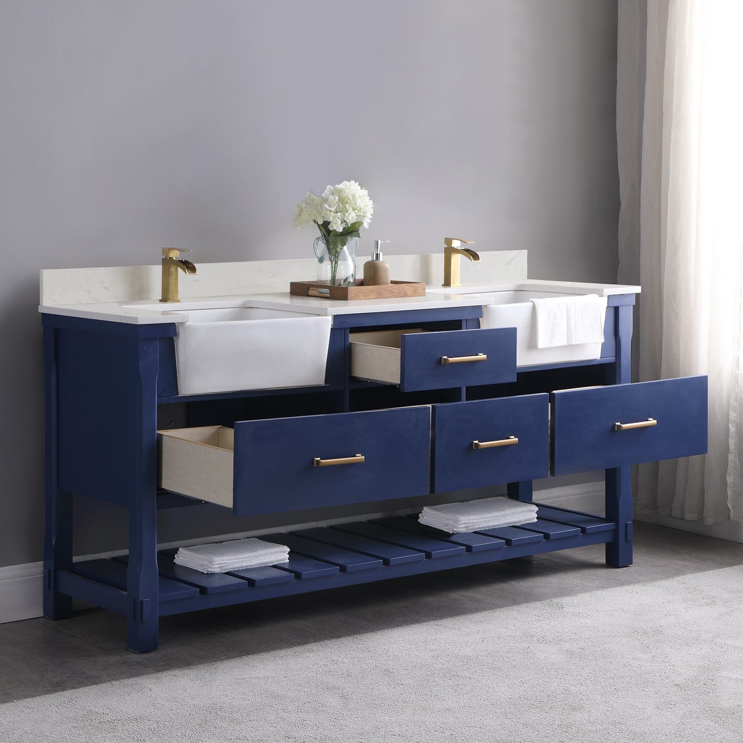 Altair Georgia 72" Double Bathroom Vanity Set in Jewelry Blue and Composite Carrara White Stone Top with White Farmhouse Basin without Mirror 537072-JB-AW-NM - Molaix631112970686Vanity537072-JB-AW-NM