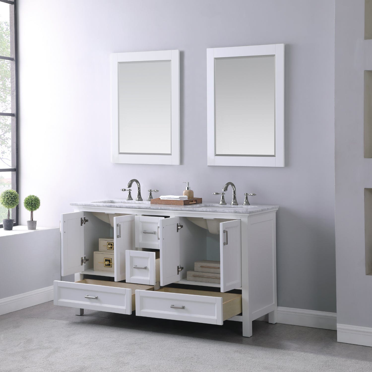 Altair Isla 60" Double Bathroom Vanity Set in White and Carrara White Marble Countertop with Mirror 538060-WH-CA - Molaix631112970938Vanity538060-WH-CA