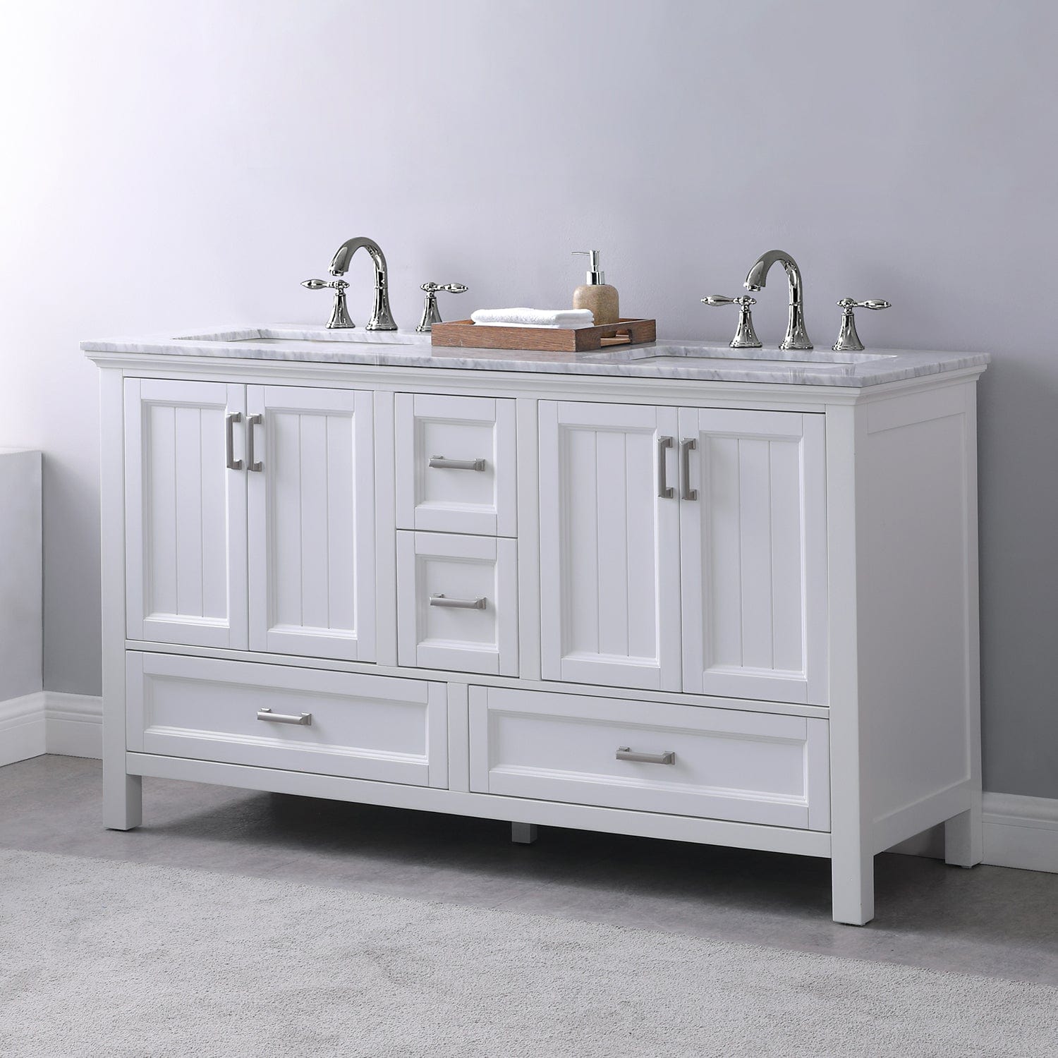 Altair Isla 60" Double Bathroom Vanity Set in White and Carrara White Marble Countertop without Mirror 538060-WH-CA-NM - Molaix631112970945Vanity538060-WH-CA-NM