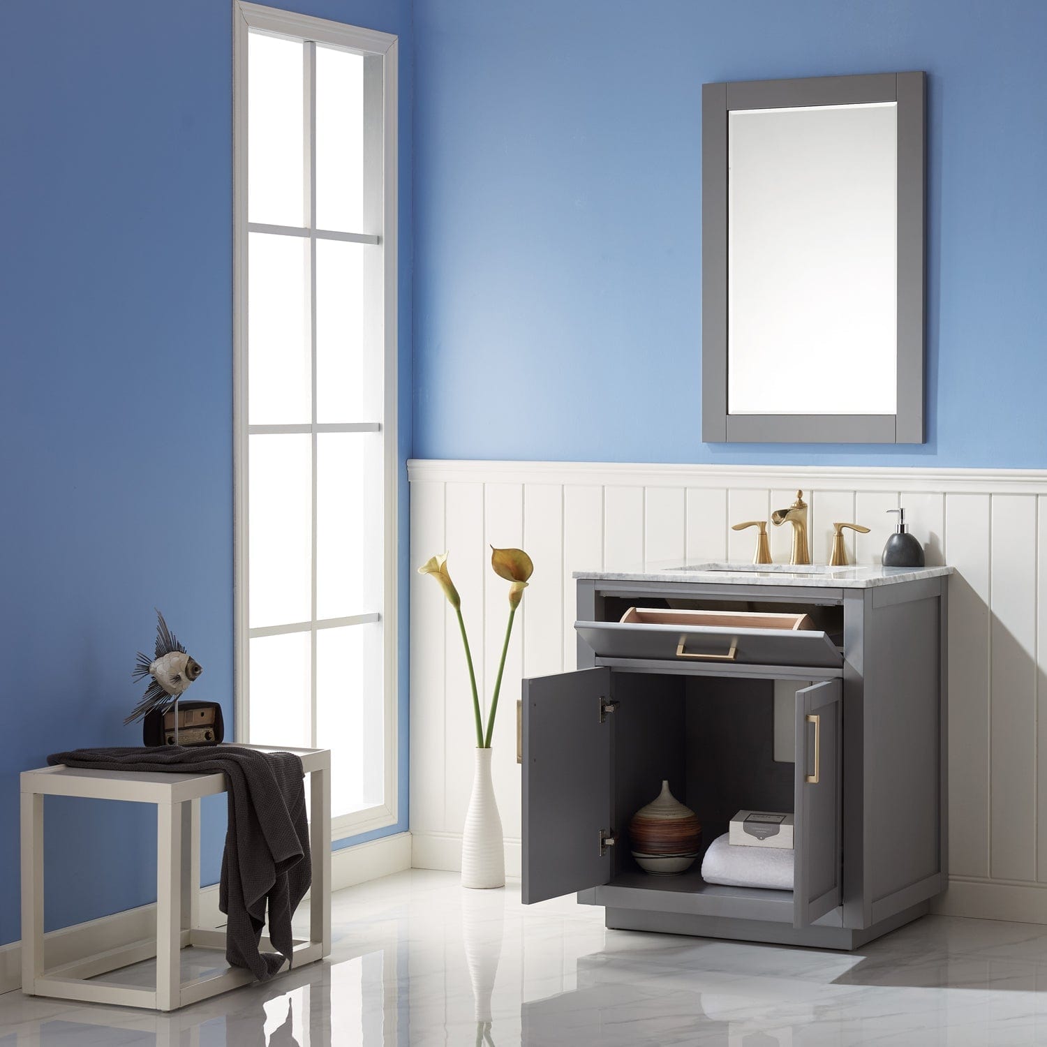 Altair Ivy 30" Single Bathroom Vanity Set in Gray and Carrara White Marble Countertop with Mirror 531030-GR-CA - Molaix631112971034Vanity531030-GR-CA