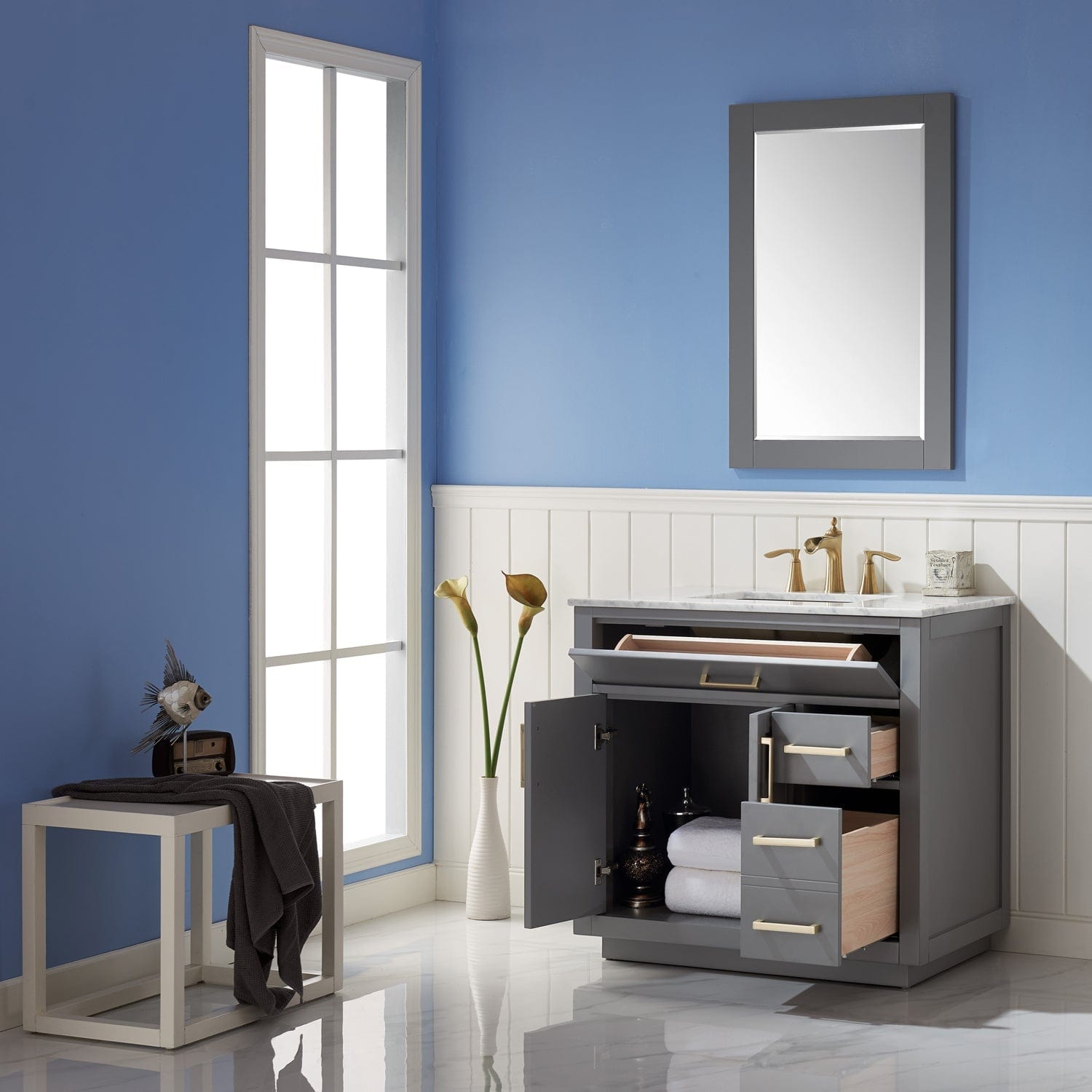 Altair Ivy 36" Single Bathroom Vanity Set in Gray and Carrara White Marble Countertop with Mirror 531036-GR-CA - Molaix631112971096Vanity531036-GR-CA