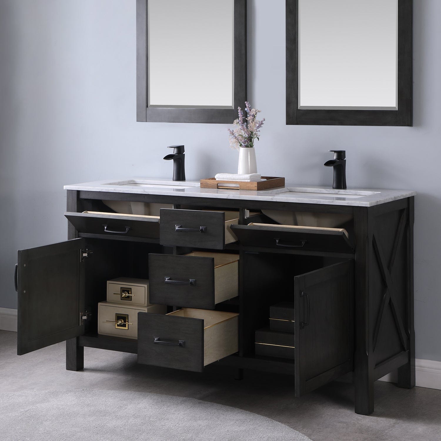 Altair Maribella 60" Double Bathroom Vanity Set in Rust Black and Carrara White Marble Countertop with Mirror 535060-RL-CA - Molaix631112970358Vanity535060-RL-CA