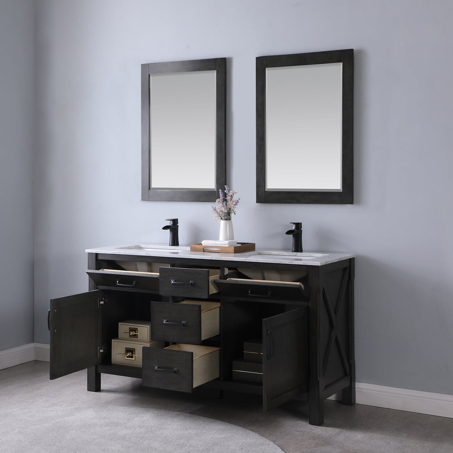 Altair Maribella 60" Double Bathroom Vanity Set in Rust Black and Carrara White Marble Countertop with Mirror 535060-RL-CA - Molaix631112970358Vanity535060-RL-CA