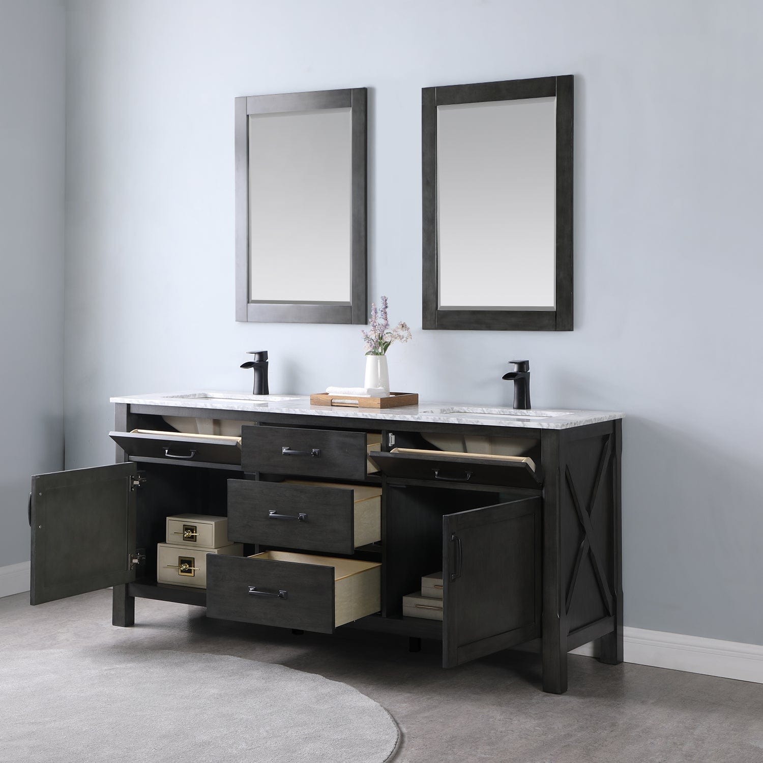 Altair Maribella 72" Double Bathroom Vanity Set in Rust Black and Carrara White Marble Countertop with Mirror 535072-RL-CA - Molaix631112970396Vanity535072-RL-CA