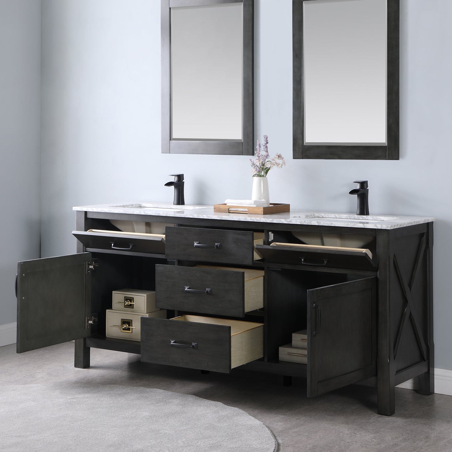 Altair Maribella 72" Double Bathroom Vanity Set in Rust Black and Carrara White Marble Countertop with Mirror 535072-RL-CA - Molaix631112970396Vanity535072-RL-CA