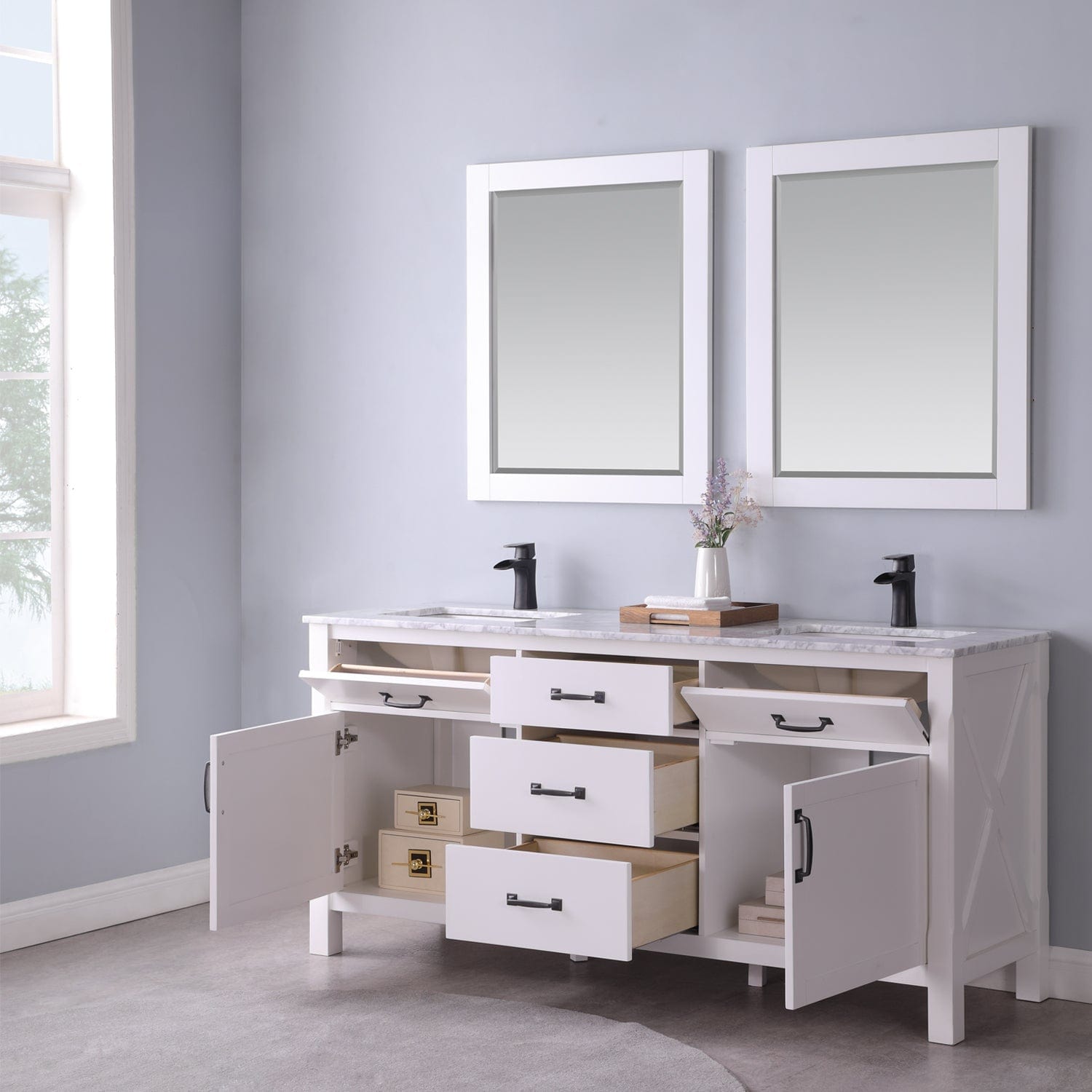 Altair Maribella 72" Double Bathroom Vanity Set in White and Carrara White Marble Countertop with Mirror 535072-WH-CA - Molaix631112970419Vanity535072-WH-CA