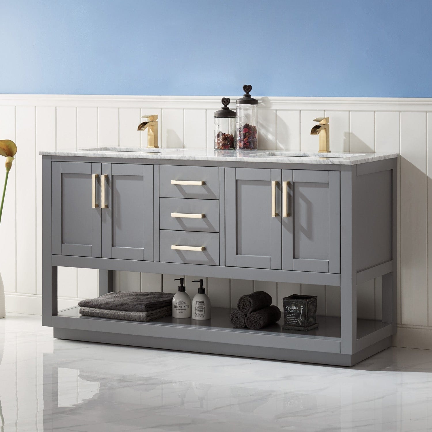 Altair Remi 60" Double Bathroom Vanity Set in Gray and Carrara White Marble Countertop without Mirror 532060-GR-CA-NM - Molaix631112971522Vanity532060-GR-CA-NM