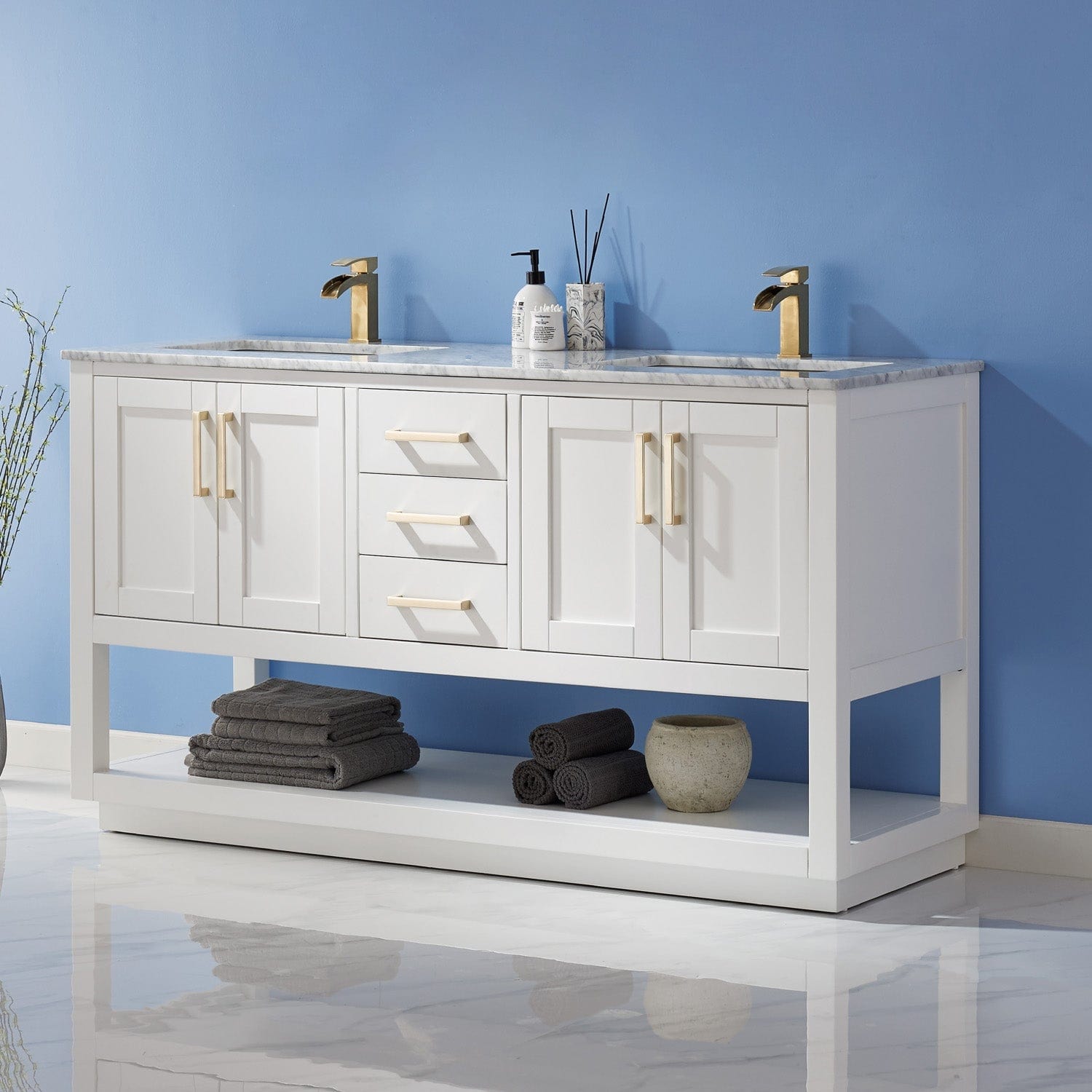Altair Remi 60" Double Bathroom Vanity Set in White and Carrara White Marble Countertop without Mirror 532060-WH-CA-NM - Molaix631112971560Vanity532060-WH-CA-NM