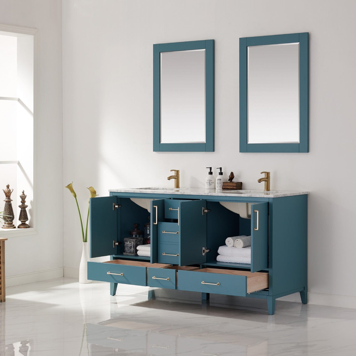 Altair Sutton 60" Double Bathroom Vanity Set in Royal Green and Carrara White Marble Countertop with Mirror 541060-RG-CA - Molaix631112971959Vanity541060-RG-CA